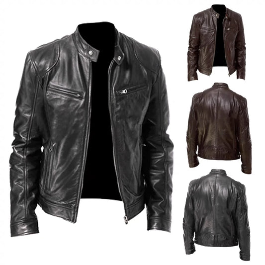 Plus Size 2024 Men's Stand-up Collar Slim Fit Leather Jacket Zipper Pocket Decorative PU Leather Coat Motorcycle Clothing Py31 Tep55
