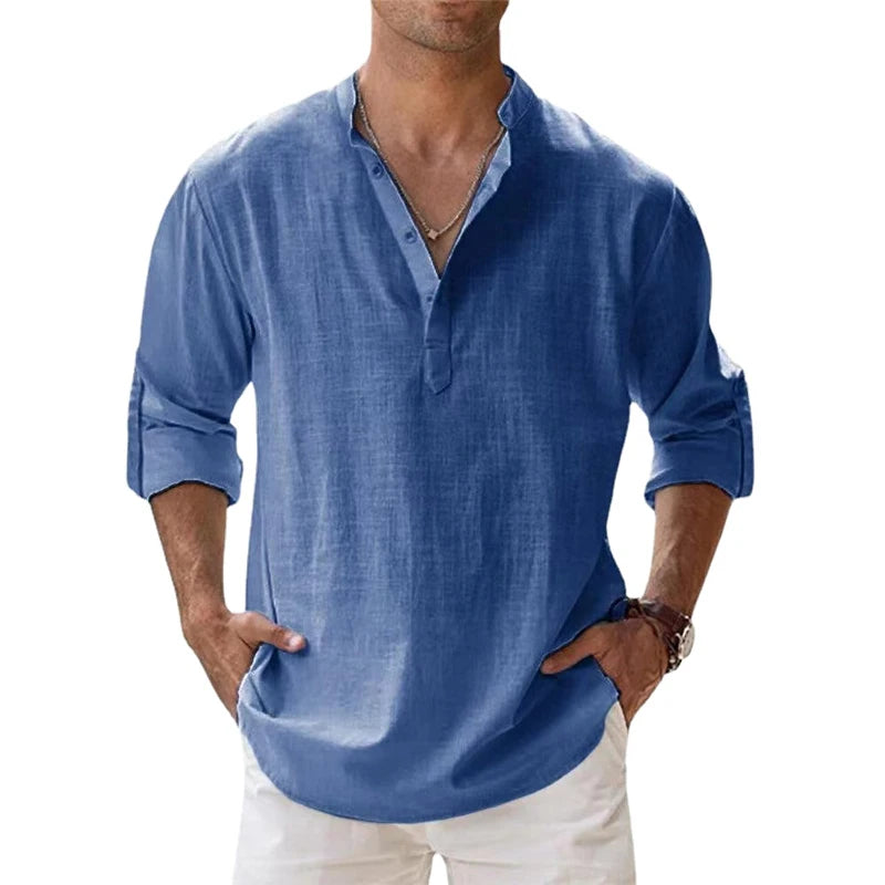Spring and Autumn New Men's Linen Long Sleeve Breathable Shirt Solid Color Casual  Basic Cotton Linen Shirt Tops Hemp Shirt