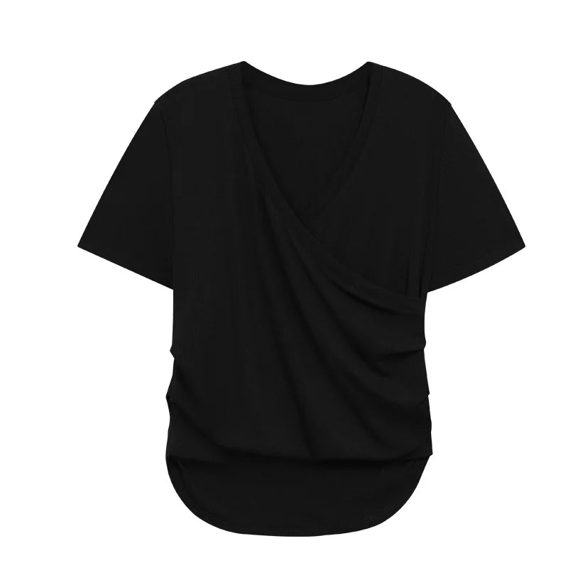 Sexy Criss Cross V Neck Cropped T-shirts Summer Lady Korean Student Slim Solid Tee Tops CDPF-WYP-9939