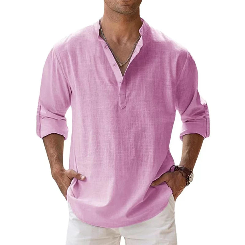 Spring and Autumn New Men's Linen Long Sleeve Breathable Shirt Solid Color Casual  Basic Cotton Linen Shirt Tops Hemp Shirt