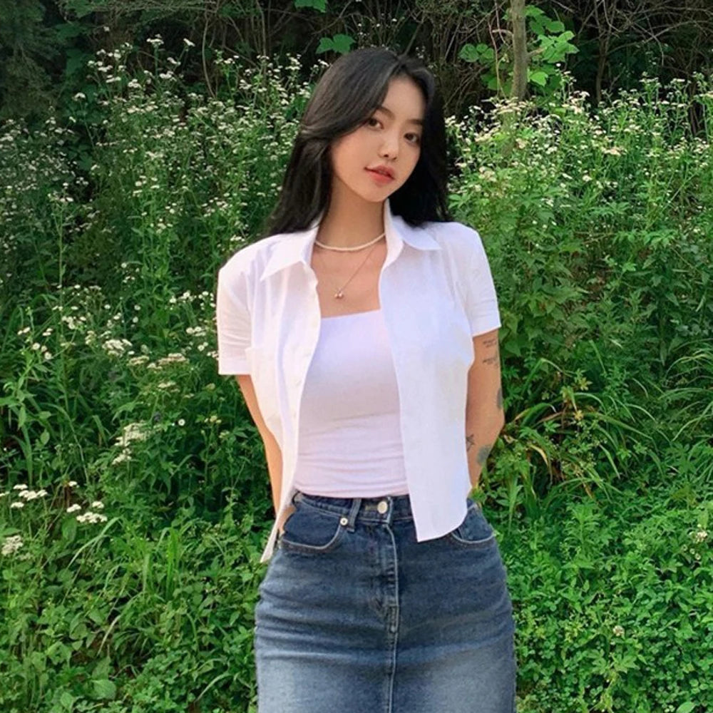 Summer Slim Blouse Shirts Summer Women Turn Down Collar Short Sleeve Button Solid Cropped Tops Lady y2k CDPF-WYP-52