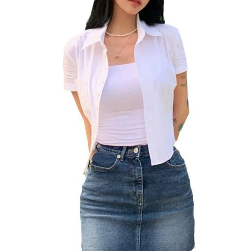 Summer Slim Blouse Shirts Summer Women Turn Down Collar Short Sleeve Button Solid Cropped Tops Lady y2k CDPF-WYP-52