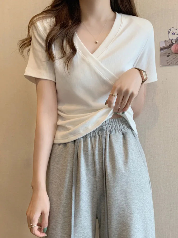 Sexy Criss Cross V Neck Cropped T-shirts Summer Lady Korean Student Slim Solid Tee Tops CDPF-WYP-9939